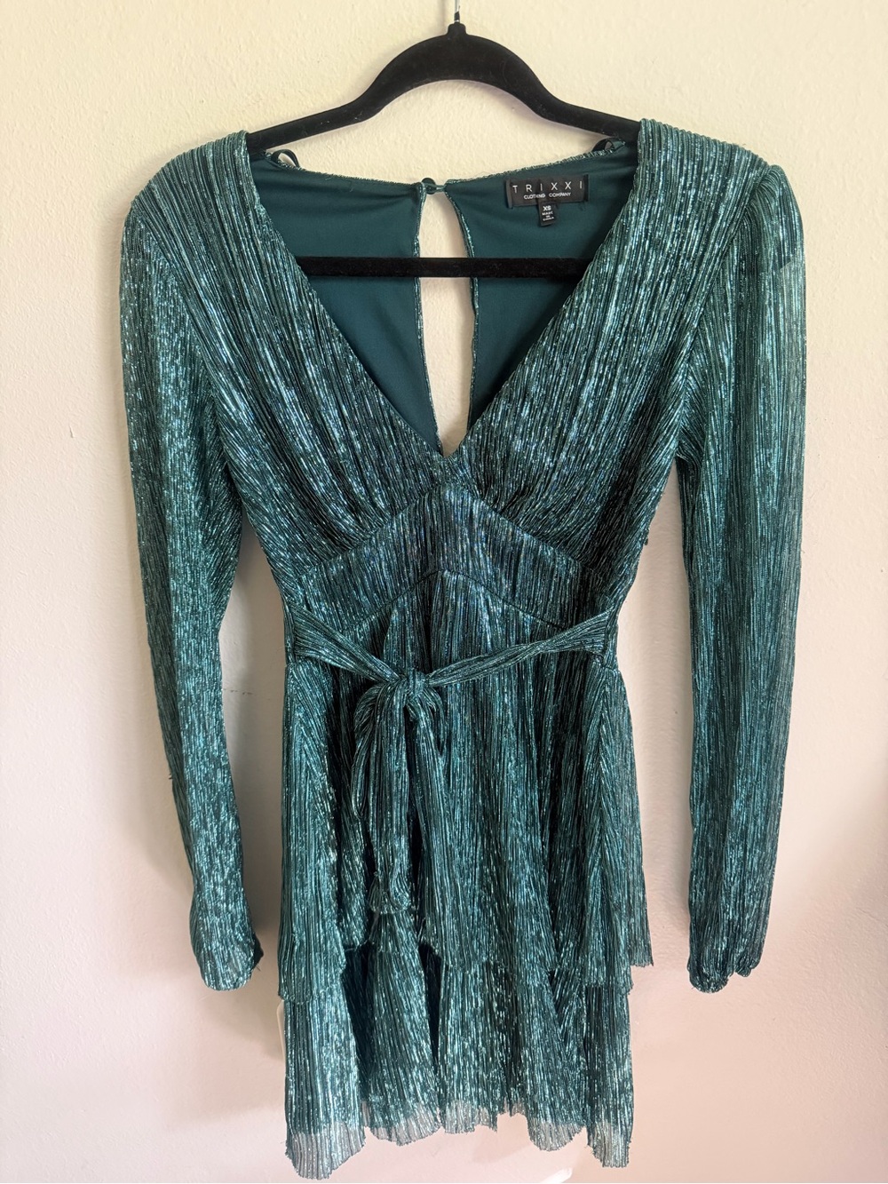 Trixxi Shimmery Teal Green Pleated Long-Sleeve Mini Dress